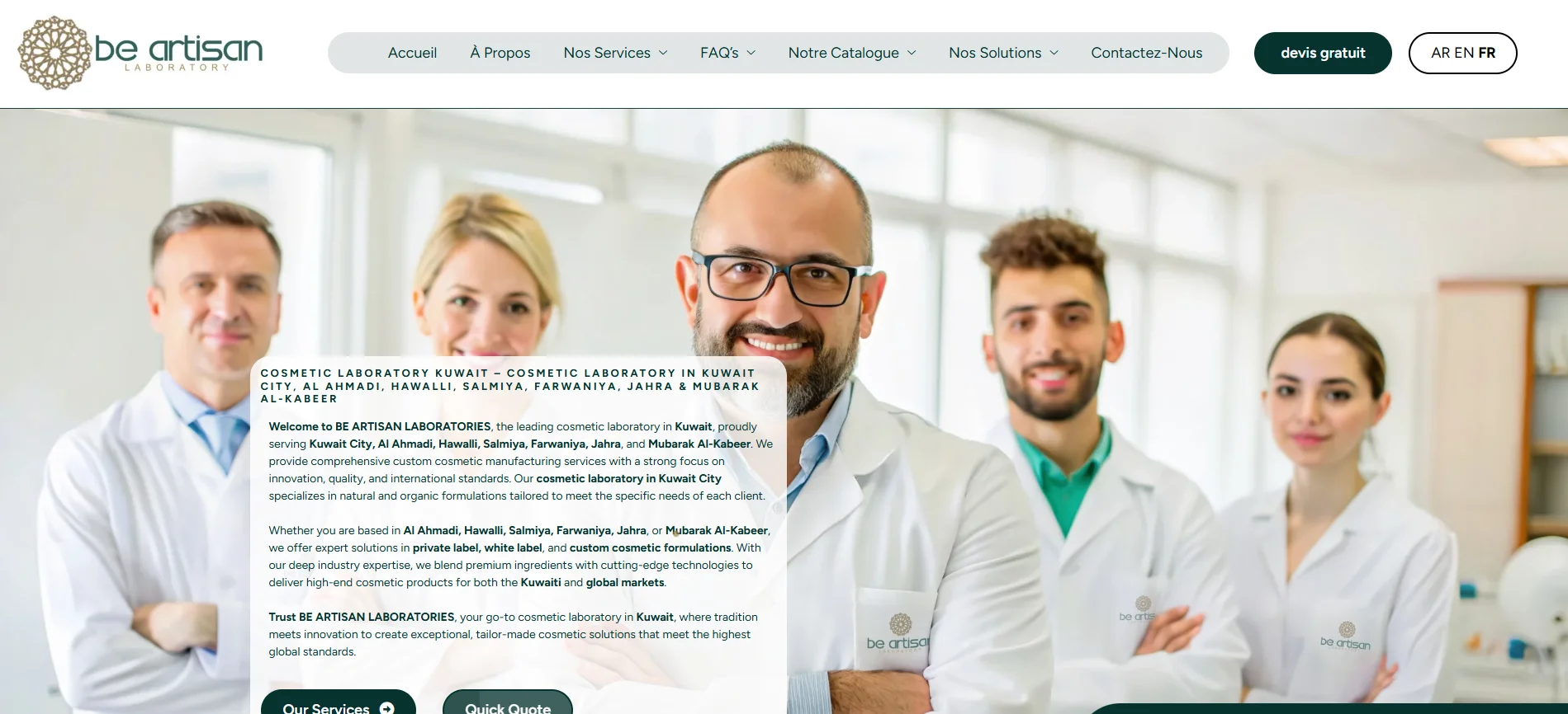 Team of professionals at Be Artisan Laboratory in lab coats standing in a modern cosmetic laboratory.